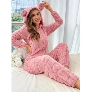 Women's Fuzzy Onesie Pajamas Set, Long Sleeve Hooded Zipper Design, Cute Heart Pattern, Thick Fabric, Fall & Winter Home Wear(gift)（gift）Gift