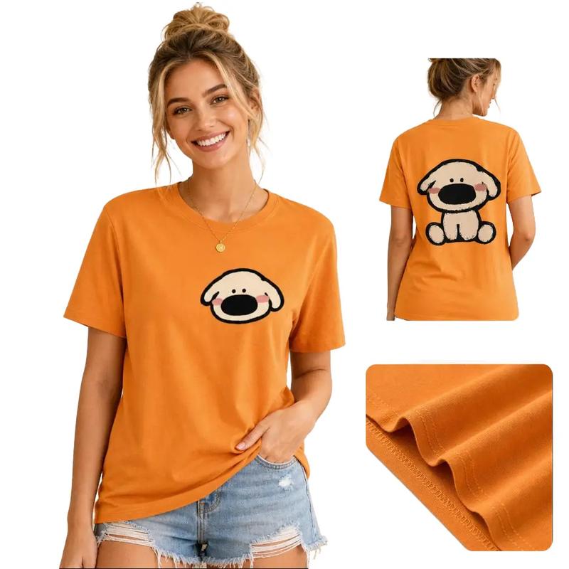 Women's Cartoon Print Puppy Graphic Short Sleeve Tops - Breathable Soft Cotton, Loose-Fit Oversized Round Neck, Y2K Aesthetic Casual Streetwear, Trendy Summer Gift