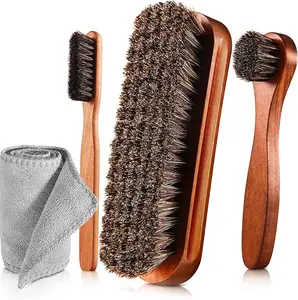 4PCS Horsehair Shoe Brush Kit – Leather Shoe Polish & Cleaning Brushes with Dauber Applicators, Suede Cleaner & Microfiber Cloth