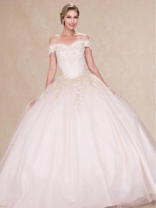 NO.55 Blush Champagne Offwhite Ball Gown Dress Crystal Beading and Sequin Appliqué Glitter Tulle Quinceañera Dress