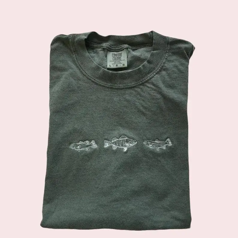 Fish Sporting Embroidered Pullover T Shirt, Embroidered Comfort Colors Ultra Soft Tee, Cute Every Day TShirt