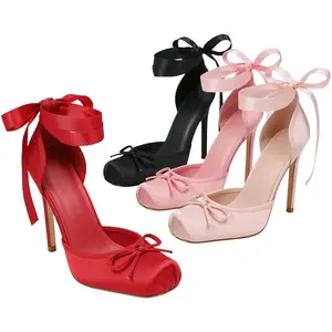 Satin Ballet Heels for Women Closed Square Toe Bow Ballerina Heels Lace Up High Heel Slingback Pumps Strappy Stiletto Mary Janes Elegant Party Shoes with Red Bow Detail