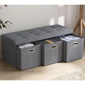 Ornavo Home Foldable Storage Long Bench Ottoman w/ 3 Drawers Ornavo Home Foldable Storage Long Bench Ottoman w/ 3 Drawers