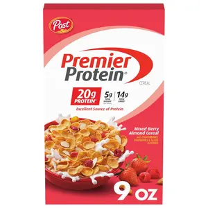 Premier Protein Mixed Berry Almond Cereal, Protein Cereal Flakes Mixed with Dried Berries and Sliced Almonds, Contains 20g of Protein Per Serving, 9 OZ Box