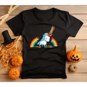 Chainsaw Unicorn Halloween T-Shirt Vibrant Graphic Print, No Fade Soft 100% Cotton Black Shirt - Neat Stitching Unisex Style Adults