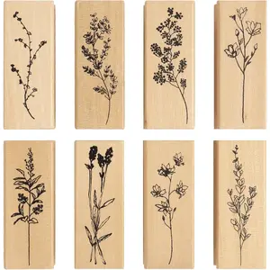 8 Pcs Wooden Rubber Floral Stamps Set Vintage Flower Stamps for Crafting Scrapbooking Card Making Journaling Clay Pottery Projects Cute Ink Stamp Craft Kits for DIY Art Supplies