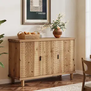 TRIBEWOOD Solid Wood Buffet Cabinet with Storage, Farmhouse Sideboard Cabinet with 3 Doors and 2 Adjustable Shelves, Mid Century Modern Sideboard Storage for Kitchen and Entryway (Natural)