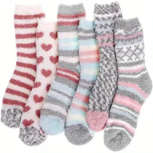 6 Pairs Women's Fuzzy Crew Socks, Ultra Soft Cozy Warm Coral Fleece Socks, Cute Heart Striped Pattern Fluffy Plush Socks for Winter Home Sleep Daily Wear