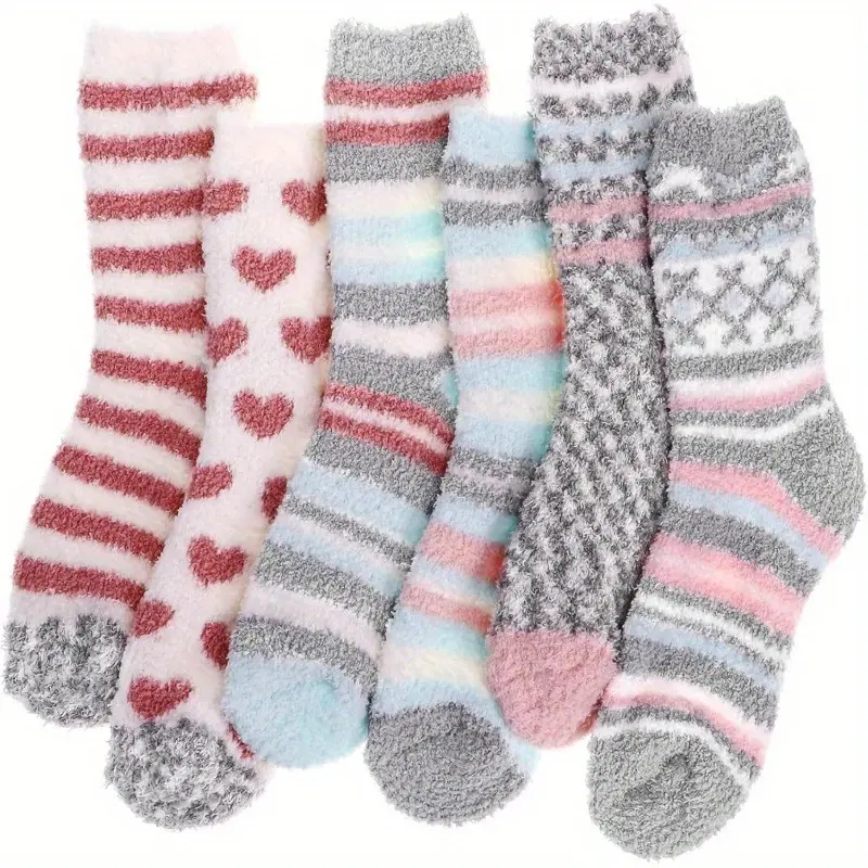 6 Pairs Women's Fuzzy Crew Socks, Ultra Soft Cozy Warm Coral Fleece Socks, Cute Heart Striped Pattern Fluffy Plush Socks for Winter Home Sleep Daily Wear