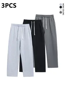 3-pack men’s straight-leg loose wide-leg pants; stylish street-style versatile casual drawstring joggers with a relaxed straight fit; knit versatile sweatpants suitable for spring, summer, and autumn.