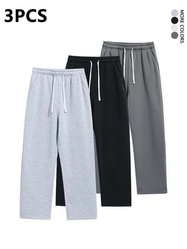 3-pack men’s straight-leg loose wide-leg pants; stylish street-style versatile casual drawstring joggers with a relaxed straight fit; knit versatile sweatpants suitable for spring, summer, and autumn.