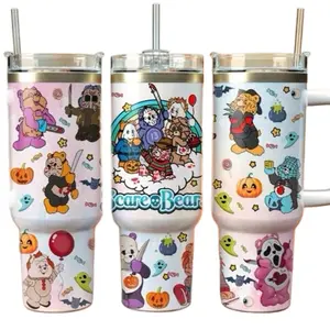 Scare Bear Tumbler 40oz Stainless Steel Handmade Lid Straw Bottle Drinkware Water Bottles Cup Mug Portable Bottled Washable Reusable Insulated Flasks Travel Horror Halloween