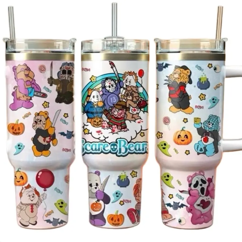 Scare Bear Tumbler 40oz Stainless Steel Handmade Lid Straw Bottle Drinkware Water Bottles Cup Mug Portable Bottled Washable Reusable Insulated Flasks Travel Horror Halloween