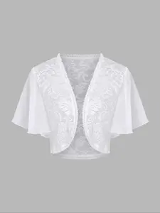 Women's Plus Size Contrast Mesh Sheer Butterfly Sleeve Chiffon Crop Cardigan, Casual Short Sleeve Open Front Knitwear for Summer, Women's Plus Clothing for Daily Wear