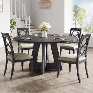 47-Inch Round Rustic Farmhouse Dining Table for 4 - Elegant Wooden Pedestal Base Ideal for Home Dining Room or Living Room - Perfect for Cozy Gatherings (Chairs Not Included)