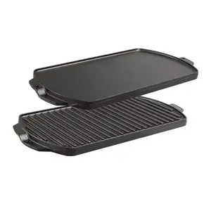 Cast Iron Griddle, Plus Cast Iron Grill Press & Pan Scrapers - Reversible Grill/Griddle for Stove top, Gas, Preseasoned & Non-Stick, Cookware Set