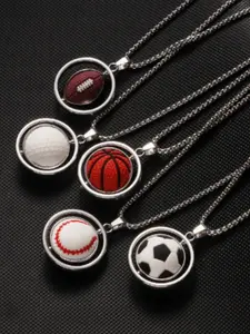 New Rotatable Ball Shape Stainless Steel Necklace, 3D Football Soccer Baseball Golf Rugby Basketball Design, Unisex Sports Jewelry