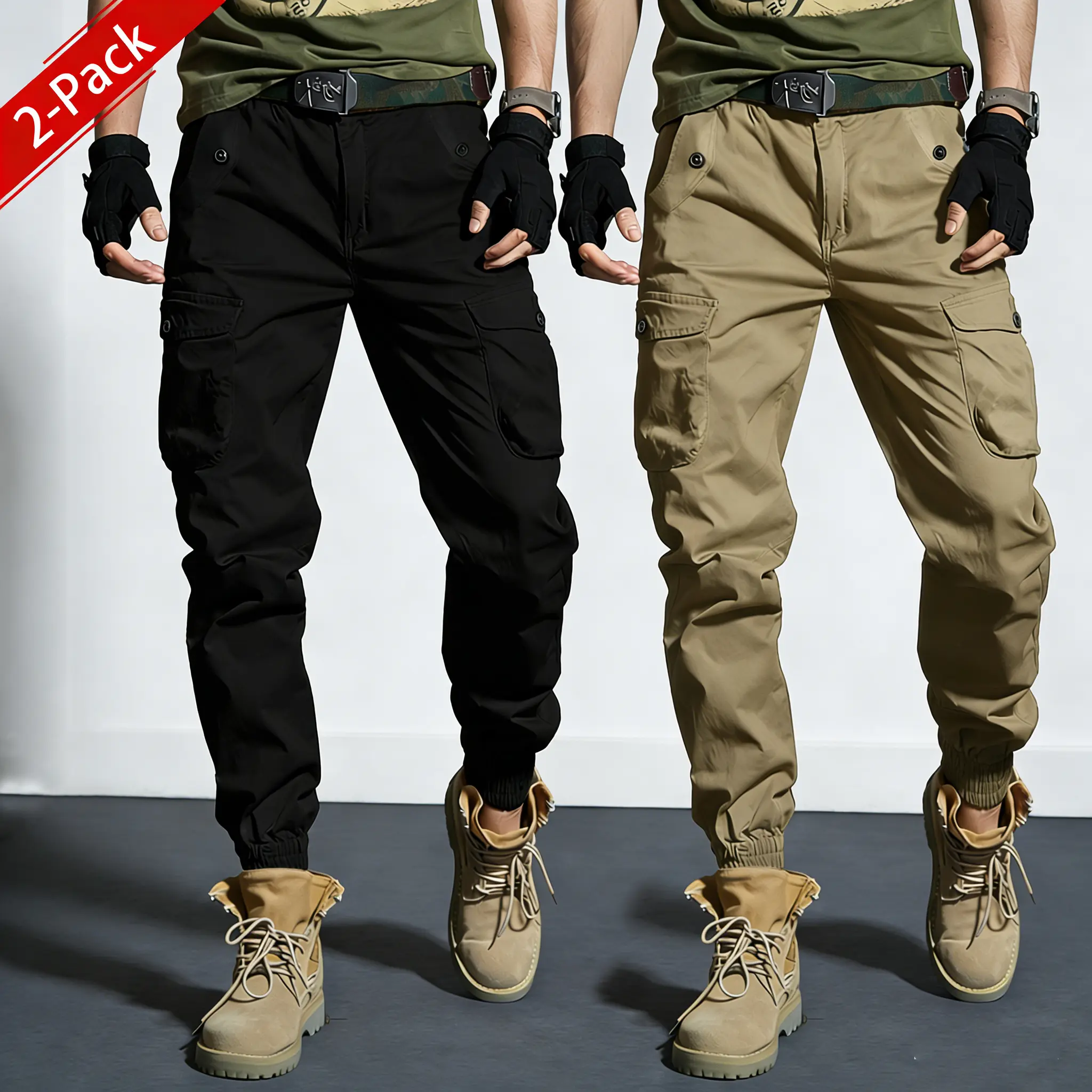 Two-pack: woven plain fabric and solid-color men’s cargo pants featuring an elastic waistband with drawstring, a loose straight tapered fit, multiple pockets including large pockets—ideal for everyday casual wear and work, perfect for cargo outfits and ou Two-pack: woven plain fabric and solid-color men’s cargo pants featuring an elastic waistband with drawstring, a loose straight tapered fit, multiple pockets including large pockets—ideal for everyday casual wear and work, perfect for cargo outfits and ou