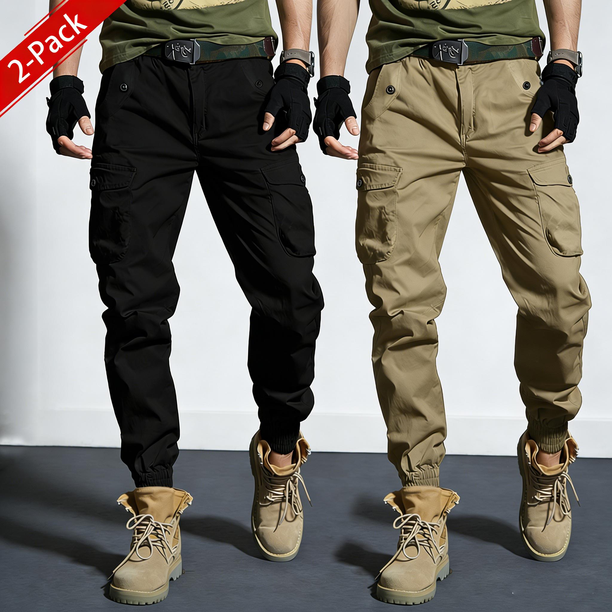 Two-pack: woven plain fabric and solid-color men’s cargo pants featuring an elastic waistband with drawstring, a loose straight tapered fit, multiple pockets including large pockets—ideal for everyday casual wear and work, perfect for cargo outfits and ou