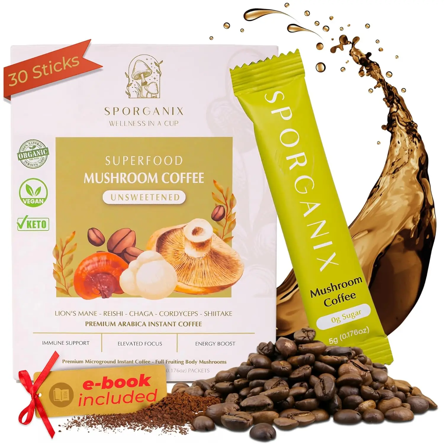 Sporganix Organic Mushroom Coffee Mix - Unsweetened - 30 x 5g Packets - Premium Arabica Medium Roast with a Powdered Blend of 5 Nootropic Mushrooms - Instant Coffee Mix for Vitality, Mental Clarity and Immune Health