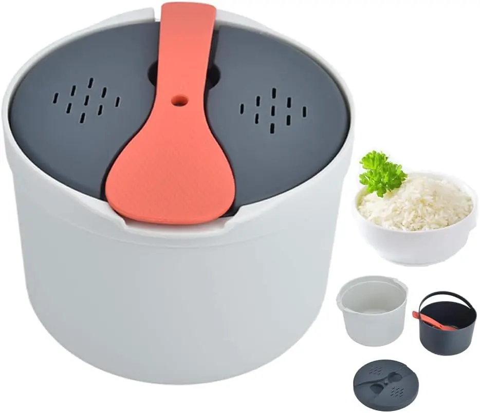 2L Compact Plastic Microwave Cookware Set - Non-Stick Rice Cooker, Pasta Cooker with Strainer for Healthy Cooking, Family Dinner (Orange)