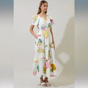 SugarLips Zahra Island Palmer Poplin Tiered Maxi Dress Ivory Multi
