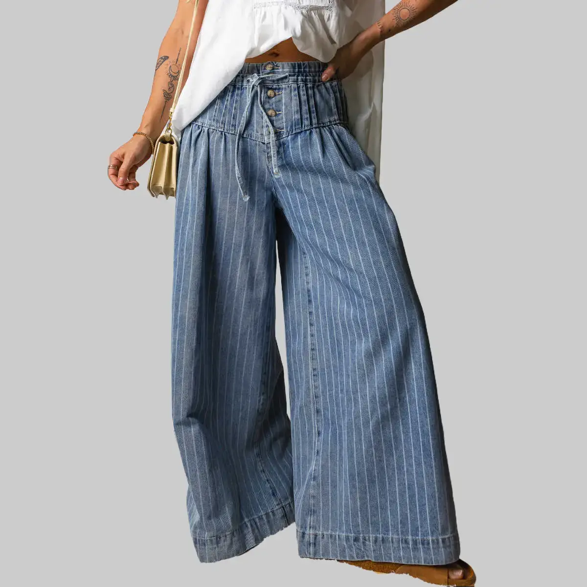 S-4X Plus Size Sky Blue Stripe Denim Wide-Leg Jeans - Adjustable, Button-Pleated, Drawstring Waist, Soft, Durable Basic Clothes, Ultra Baggy Long Baggy Casual Bottoms,Polka Dot Print Button Pleated Detail Wide Leg Jeans