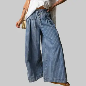 Sky Blue Stripe Button Pleated Drawstring Waist Casual Wide Leg Jeans for Women Soft Durable Denim Pants