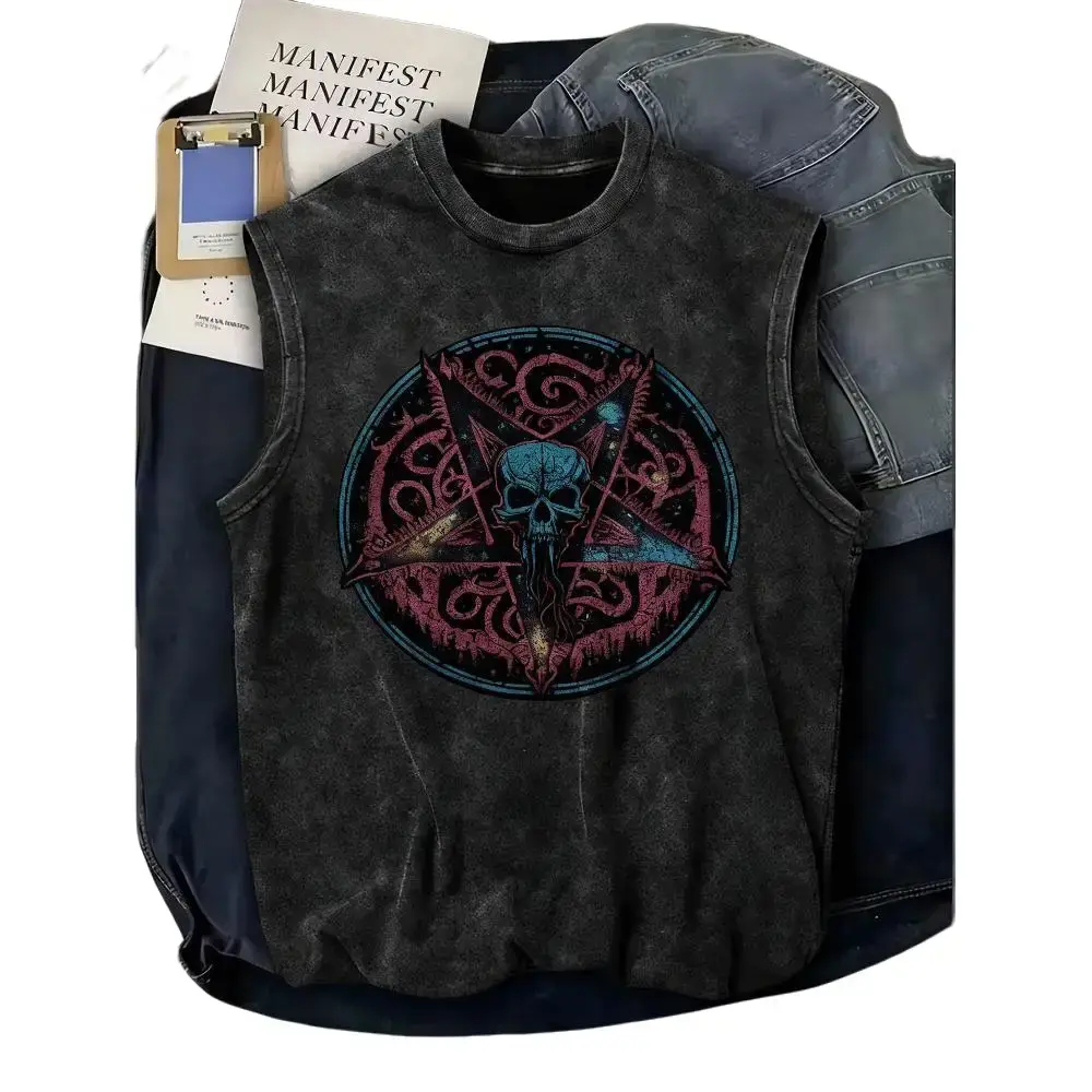 2026 Fashionable Washed Vest | Blue Skull And Star Design, Dark Gothic Aesthetic, High Color Saturation Contrast, Sleeveless, Round Neck, Ideal Choice For Men, Suitable For All Seasons, Vintage Plus-Size Washed Vest, 2026 Street Fashion Trend