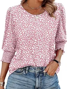 Blouses for Women Dressy Casual 3/4 Length Sleeve Womens Tops with Smocked Cuffs