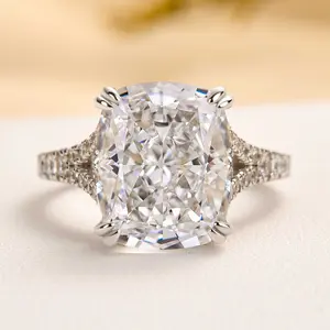 RODIFFY 5.0CT Excellent Split Shank Crushed Ice Cushion Cut Engagement Ring for Women,5A Cubic Zirconia 925 Sterling Silver Wedding Ring