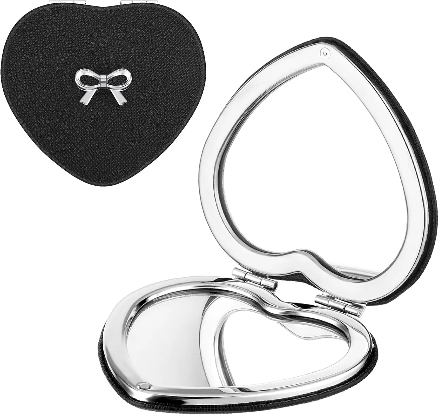 Qianyu Compact Folding Heart Shaped Double-Sided 1X/2X Magnifying Mini Glitter Makeup Mirror with PU Leather for Women Home, Office and Travel (Silver)