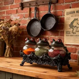 7pcs Hand-made Vintage Classic Pharmacist Jar, Durable, Suitable for Spices, Herbs, Salts, Kitchen Gothic Food Storage Containers, Unique Home Decoration, Collectible Figurines (3 Wizard Frog Jar +3 Frog Lid+base) . kitchenware