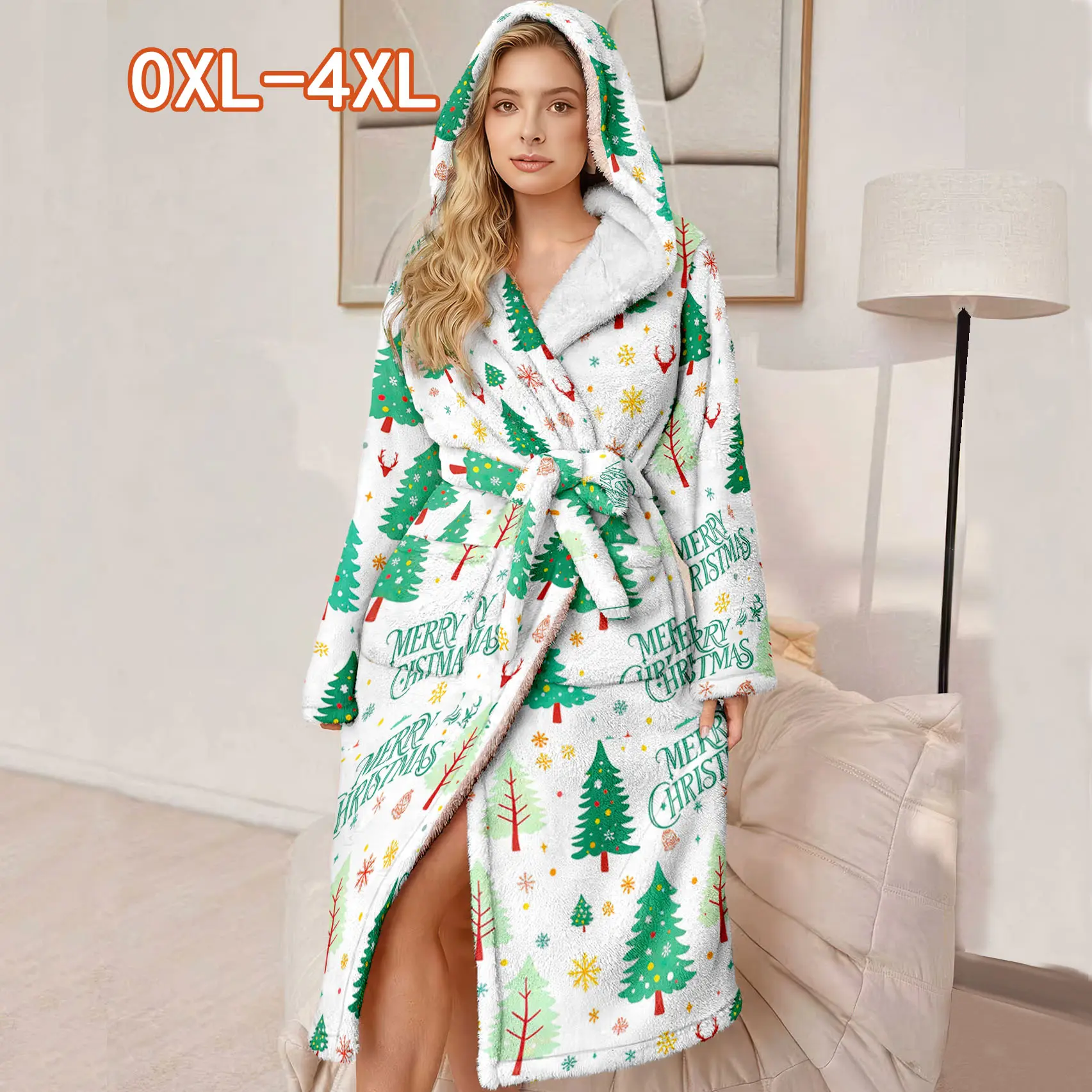 Plus Size Hooded Bathrobe for Women, Soft Plush Robe with Christmas Tree Pattern, Perfect Gift for Mother and Wife