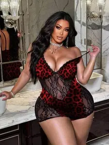 Plus Size Leopard Lace Bodysuit Shorts Slim Fit Style