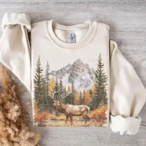 Youth Adult Retro Deer Wilderness Scene Sweatshirt, Deer Sweatshirt, 90s Nostalgia Animal Sweatshirt, Boho Unisex Crewneck, Forest Sweatshirt, Montana A09 WMO