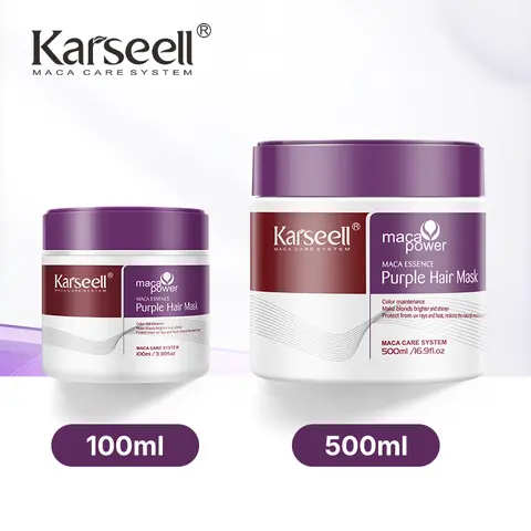 Karseell Maca Energy Purple Jar Hair Mask effectively neutralizes the brassy and yellow tones in blonde, silver, and gray highlights. Available in 100ml and 500ml sizes.