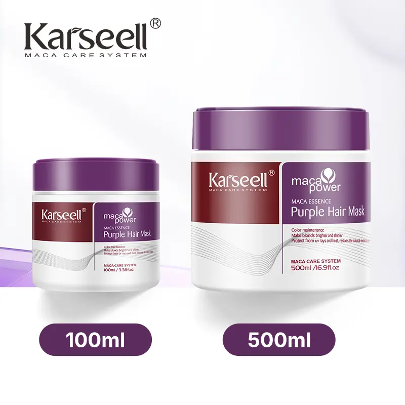 Karseell Maca Energy Purple Jar Hair Mask effectively neutralizes the brassy and yellow tones in blonde, silver, and gray highlights. Available in 100ml and 500ml sizes.