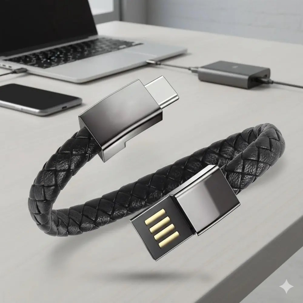Portable Smart Band Wireless Charger with Braided Strap Fast Charging Wearable Type-C Durable Leather Wristband Compatible with iPhone Samsung Android Devices Accessory Wearable Chic Wristband