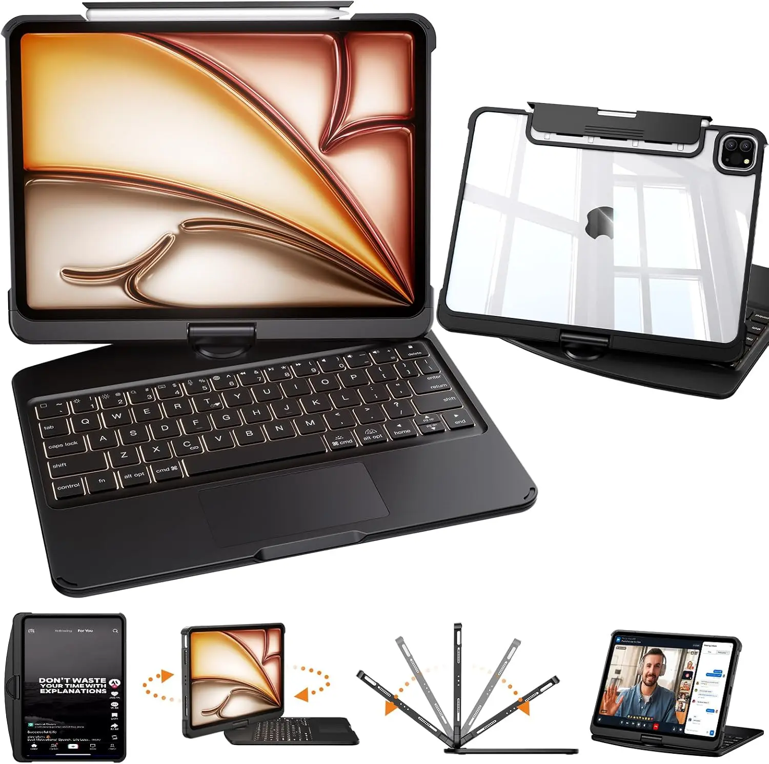 Timeless Black KeyboardCase for Apple iPad (8.3'/10.2'/10.9'/11'/12.9'/13 inch )ipad 7-11th(A16)/ipad air(2022-2026) / ipad pro (2018-2025) and ipad mini , Transparent Cyberpunk Shell, 360° Rotating Multi-Touch Trackpad&7-Color Backlit Keyboard