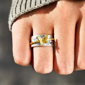 HuaJie Vintage Butterfly Ring for Women, Fashionable Two-Tone Ring with a Unique Design, Fresh and Sweet Daily Jewelry