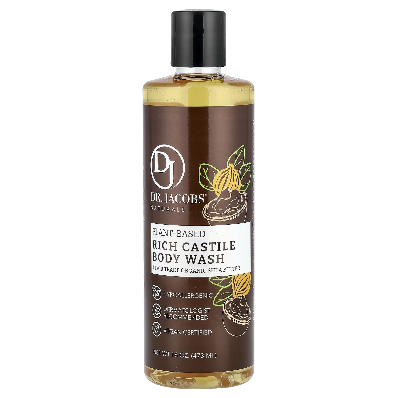 Dr. Jacobs Naturals Plant-Based Rich Castile Body Wash, Fair Trade Organic Shea Butter, 16 oz (473 ml)