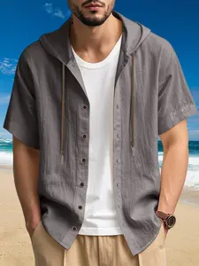 Summer Men's Lightweight Linen Hooded Shirt, Drawstring Design with Button Closure, Breathable Casual Wear for Beach and Golf
