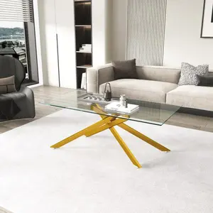 47.2" Rectangular Clear Tempered Glass 8mm Nesting Table Thick Top Spill Proof Golden Metal Legs Coffee Table for Living Room