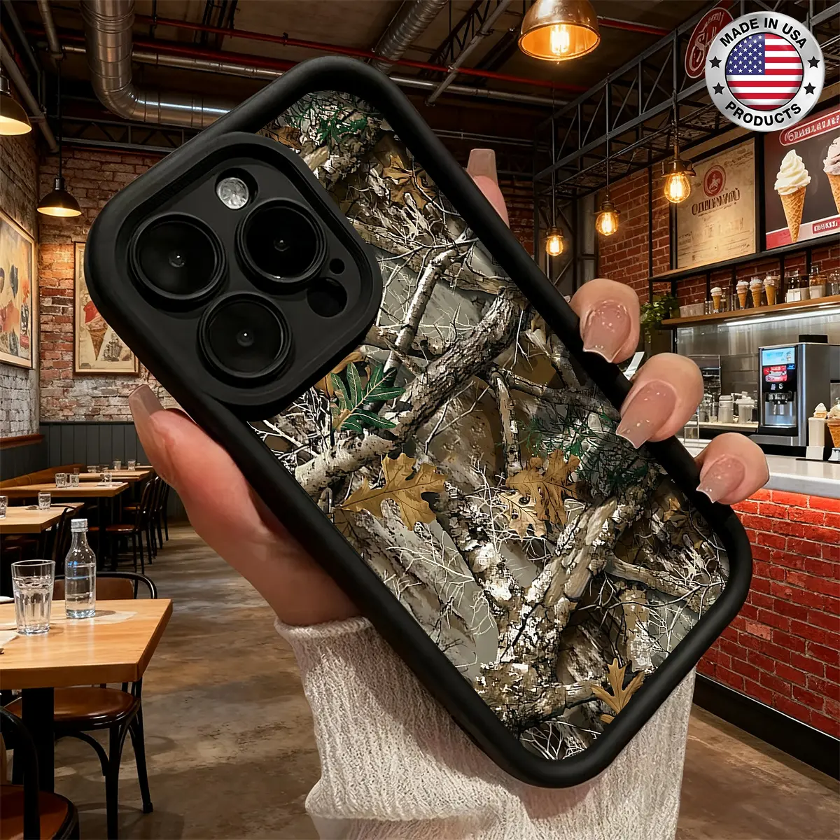 Cool Woodland Tree Branch Camouflage Pattern Aesthetic Phone Case for iPhone 17 16 15 14 Pro Max 13 12 11 XR XS Plus Air Slim Lightweight Shockproof Anti Drop Protective Durable TPU Cover