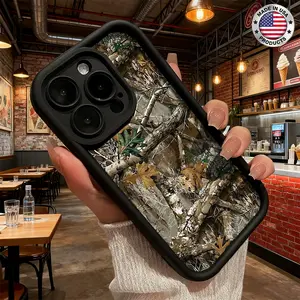 Cool Woodland Tree Branch Camouflage Pattern Aesthetic Phone Case for iPhone 17 16 15 14 Pro Max 13 12 11 XR XS Plus Air Slim Lightweight Shockproof Anti Drop Protective Durable TPU Cover