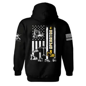 Heavy Equipment Operator Hoodie – American Flag Construction Machines Graphic Pullover Hoodie – Excavator Dozer Crane Operator Workwear Gift for Men Dad Husband, Blue Collar Job Site