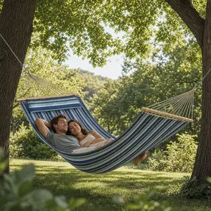 （No metal stand）Quilted Double Hammock with Integrated Pillow & Hardwood Spreader Bars, All-Weather Durable Fabric, Outdoor Hammock for Patio Garden Backyard Relaxation