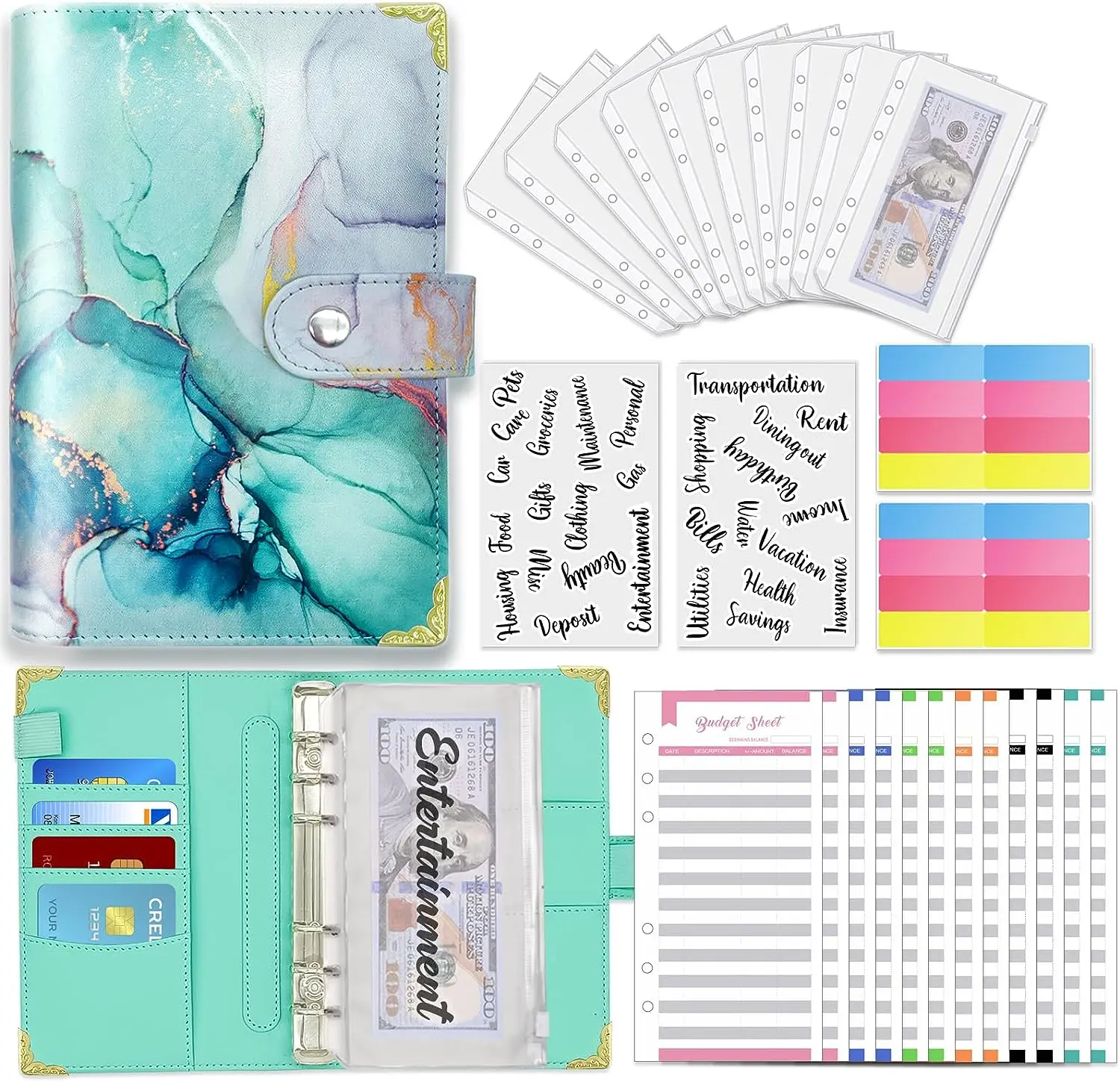 Budget Binder with Zipper Envelopes, A6 Money Saving Binder with Cash Envelopes for Budgeting, Money Bill Organizer for Cash