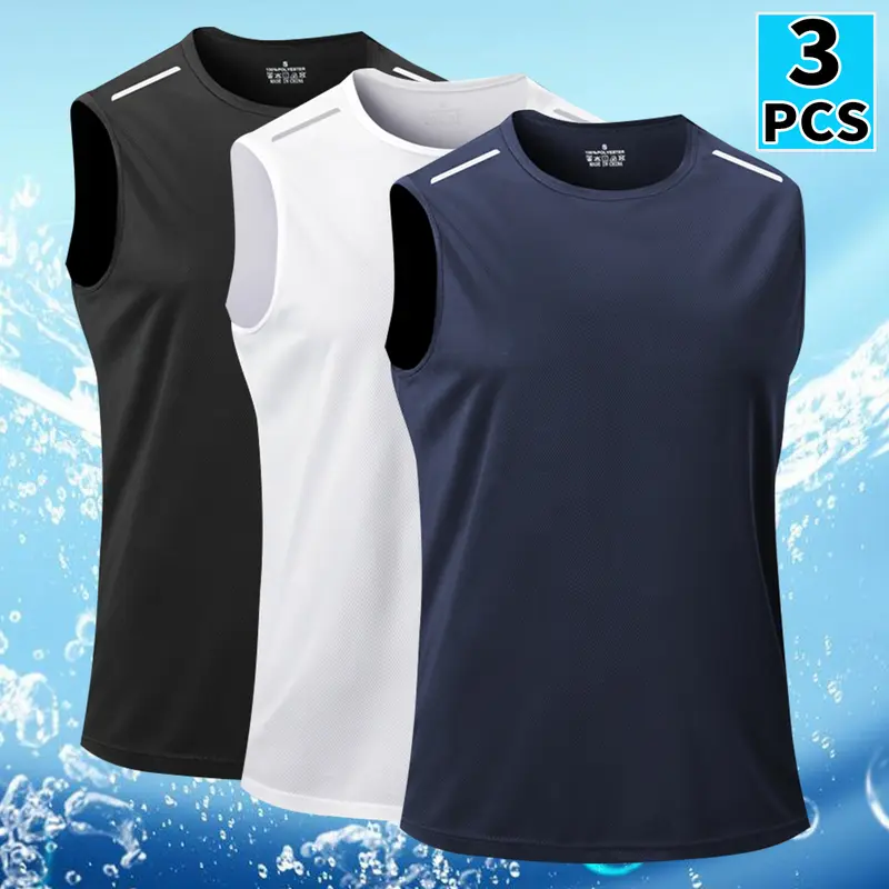 Men's 3-Pack Crew Neck Tank Tops for Gym Running, Casual Workout Breathable Quick-Dry Polyester Summer Underwear Vests, Sporty Chic Mens Clothing Basics (Black/White/Navy Blue),sohochic